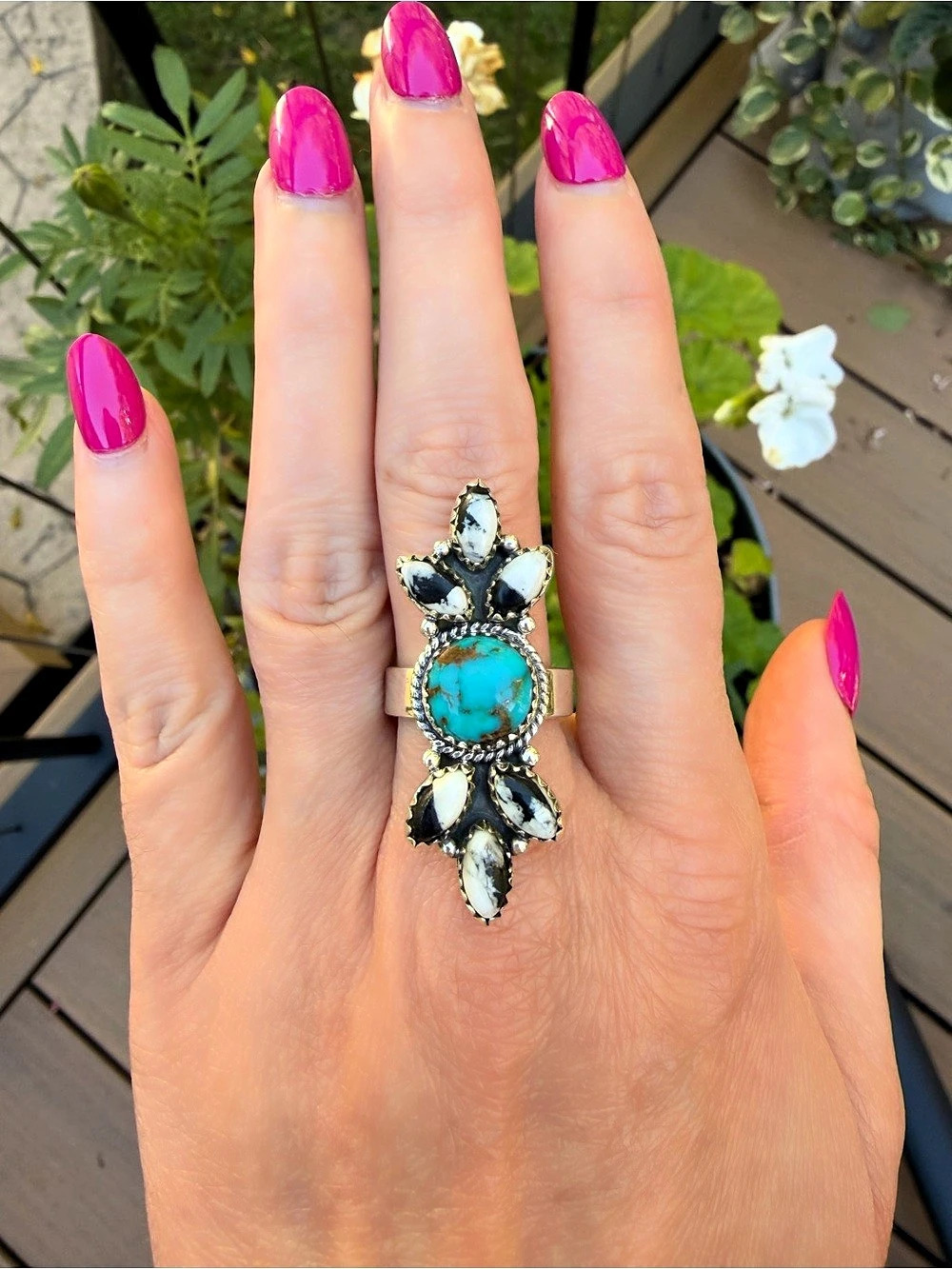 White Buffalo + Sierra Nevada Turquoise 925 Adjustable Ring